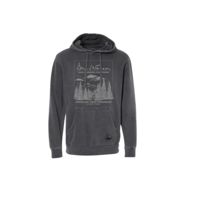 An XL Dan Wesson Craftsmanship Hoodie in faded black with a drawstring hood, front pocket, and a chest graphic showing mountains, trees, and "Dan. Wilson Films American Craftsmanship Since 1958.