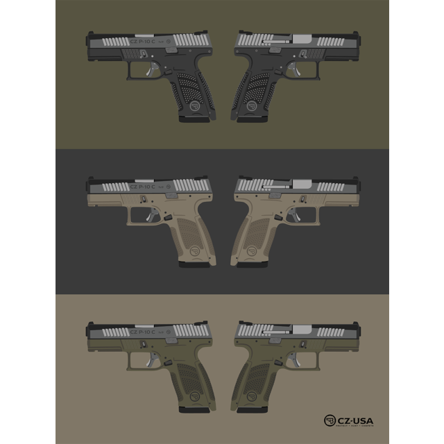 Illustration of six CZ-USA POSTER P10 pistols in three color variations: black, tan, and green. Each set of pistols is displayed side by side against a contrasting background, highlighting the different color schemes.