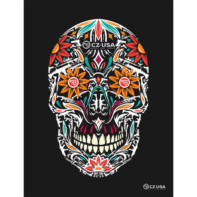 Product Description: The CZ-USA POSTER SUGAR SKULL showcases a detailed skull design adorned with vivid floral patterns and various symbols, primarily in red, orange, and green hues against an intense black background. This masterpiece includes flowers, g