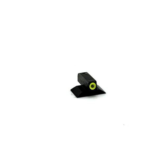 A compact black object with a neon green circular detail, resembling the FRONT SIGHT PRO .180 GLOW YELLOW, is elegantly displayed on a pristine white background.