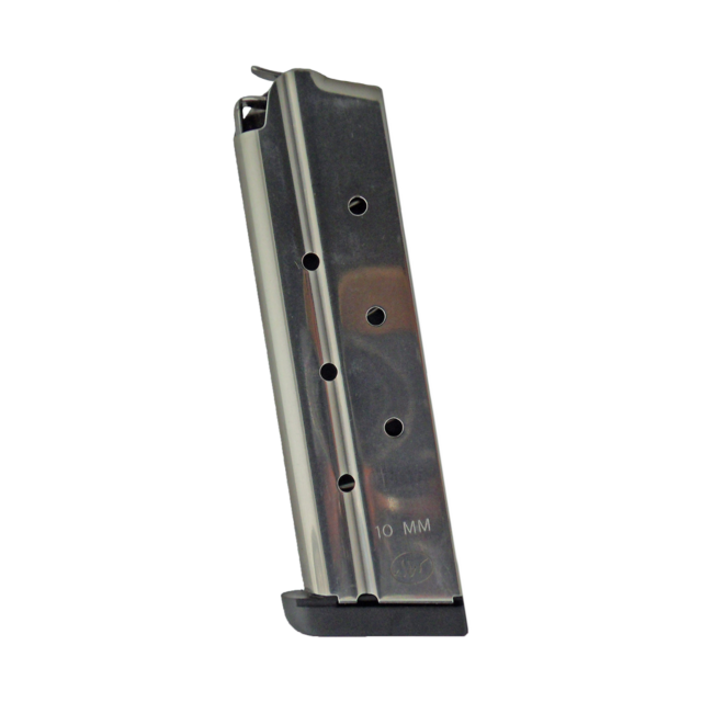 A stainless steel magazine for the MAG 8 RD 10MM stands upright, showcasing several round indicator holes along the side. It is marked with "10MM" near the bottom and includes a black plastic base plate for an 8-round capacity.