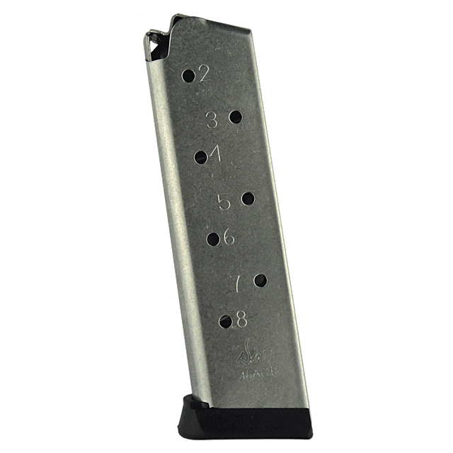 A silver magazine for 45 caliber rounds, featuring eight circular bullet indicator holes marked from two to eight, with a black base known as the bumper extended. It is positioned upright.