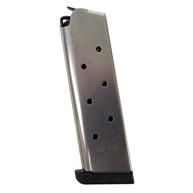 The MAG 8 RD 45 cal REMOVABLE BASE is a silver handgun magazine featuring small circular holes on the side, a black removable base, and an engraved "45 ACP" on the bottom.