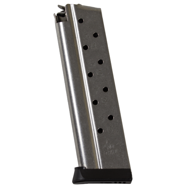 The MAGS 10 RD 9MM is a magazine clip for firearms, featuring a silver exterior with ten visible bullet indicators along its side and a sleek black baseplate at the bottom, designed to fit 9MM rounds seamlessly.