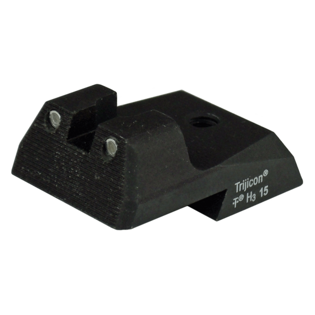 The 1911 REAR SIGHT TACTICAL 2 DOT is a black tactical accessory for a 1911 firearm, featuring "Trijicon" and "H3 15" markings. It includes a notched design for precise alignment and two small reflective dots to enhance visibility.