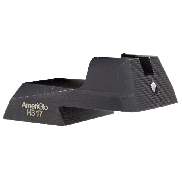 Close-up of a black DW 1911 Tritium Rear Sight Tactical with "AmeriGlo H3 17" engraved on its side. This tactical sight for the 1911 features serrated upper edges and a small white mark on the rear for enhanced visibility.