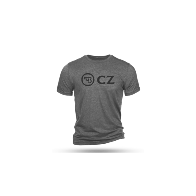 The CZ LOGO DEEP HEATHER T-SHIRT SHORT SLEEVE M features a bold black "CZ" logo and a stylized circular emblem on the chest, displayed against a plain white background.