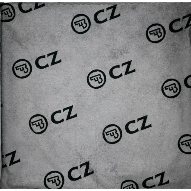 The GRAY MICROFIBER 16"X16" LOGO TOWEL features a repeating pattern with the letters "CZ" and a logo that resembles a stylized "F3" inside a circle. This sophisticated design is printed in black, covering the entire surface of the towel.