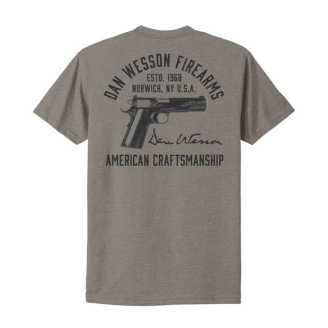 Dan Wesson Heirloom Tee S with handgun graphic and "Dan Wesson Firearms, Estd. 1968, Norwich, NY U.S.A., American Craftsmanship" text plus signature-style "Dan Wesson.