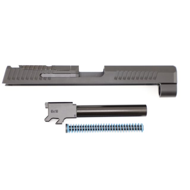 A P-10 F Complete Slide Assembly, including the slide, barrel, and recoil spring, is arranged on a white background.