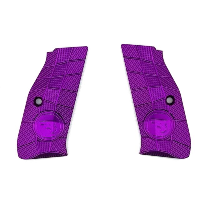 A pair of LOK Grips Shadow 2 Palm Swell GridLOK + CZ Logo full-length aluminum grips in purple are shown face-to-face with geometric patterns and round CZ logos on a white background.