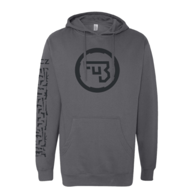 The CZ Legacy Hoodie XL is gray with a black, stylized circular "FU3" logo on the chest and a matching geometric pattern down the right sleeve.
