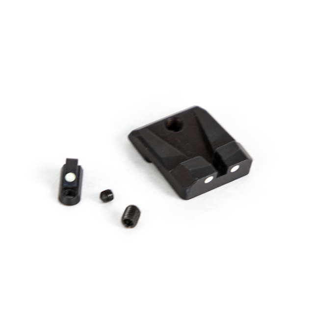 A CZUB FACTORY SIGHTS #4 P-10 set, designed for the P-10 model, displayed on a plain white background. The factory sights include various components, notably a rear sight with two white dots and additional small screws.