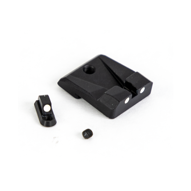 Introducing the CZUB FACTORY SIGHTS #2 P-10: this set includes black iron sights specifically designed for the P-10. It features a square rear sight with two white dots and a smaller, rounded front sight with one white dot, complemented by a small black s