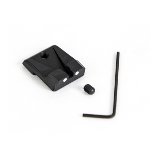 The CZUB FACTORY REAR SIGHT P-10 includes two white dots, an adjustment screw, and a small L-shaped hex key, all presented on a white background.