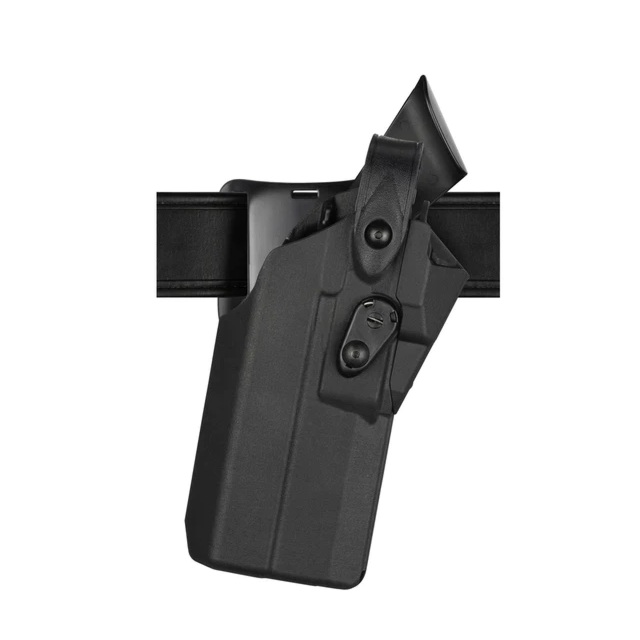 The Safariland 7390RDS CZ P10 C W/LIGHT LH, a black gun holster made of sturdy material, is mounted on a belt and displayed against a plain white background. It is expertly designed to securely hold a firearm, featuring a clip and fasteners for easy attac