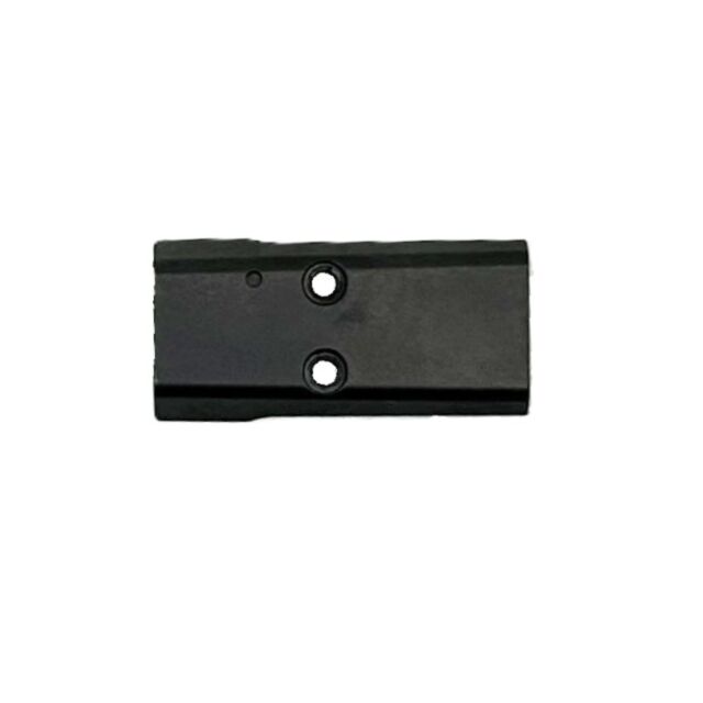 The CZ OPTIC PLATE SLIDE COVER P10 is a rectangular black metal mounting plate with two large and one small circular holes, designed for the P10, ideal for attaching optics or accessories.