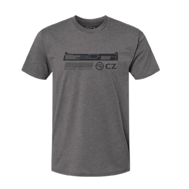 The CZ Slide Tee 3X is a gray plus size t-shirt featuring a stylized handgun slide graphic, "GUNSITE CAMPUS," and the "CZ" logo in black across the chest.