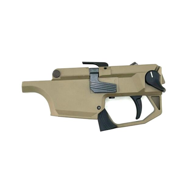 The COMPLETE TRIGGER MECHANISM EVO FDE features a tan (FDE) assembly with a black trigger, safety switch, and textured grip, equipped with an advanced EVO mechanism, shown against a white background.
