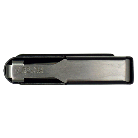 A metal MAG CZ 527 gun magazine, specifically marked with the caliber "7.62x39," is depicted from a top-down view, emphasizing its sturdy construction and capacity for 5 rounds.