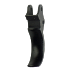 A shiny black metal object, curved in shape with two notches at the top, appears to be the TRIGGER P-01/PCR/SP-01/RAMI. The design suggests a mechanical component with trigger-like features, equipped with a hole on each notch for potential mounting or att